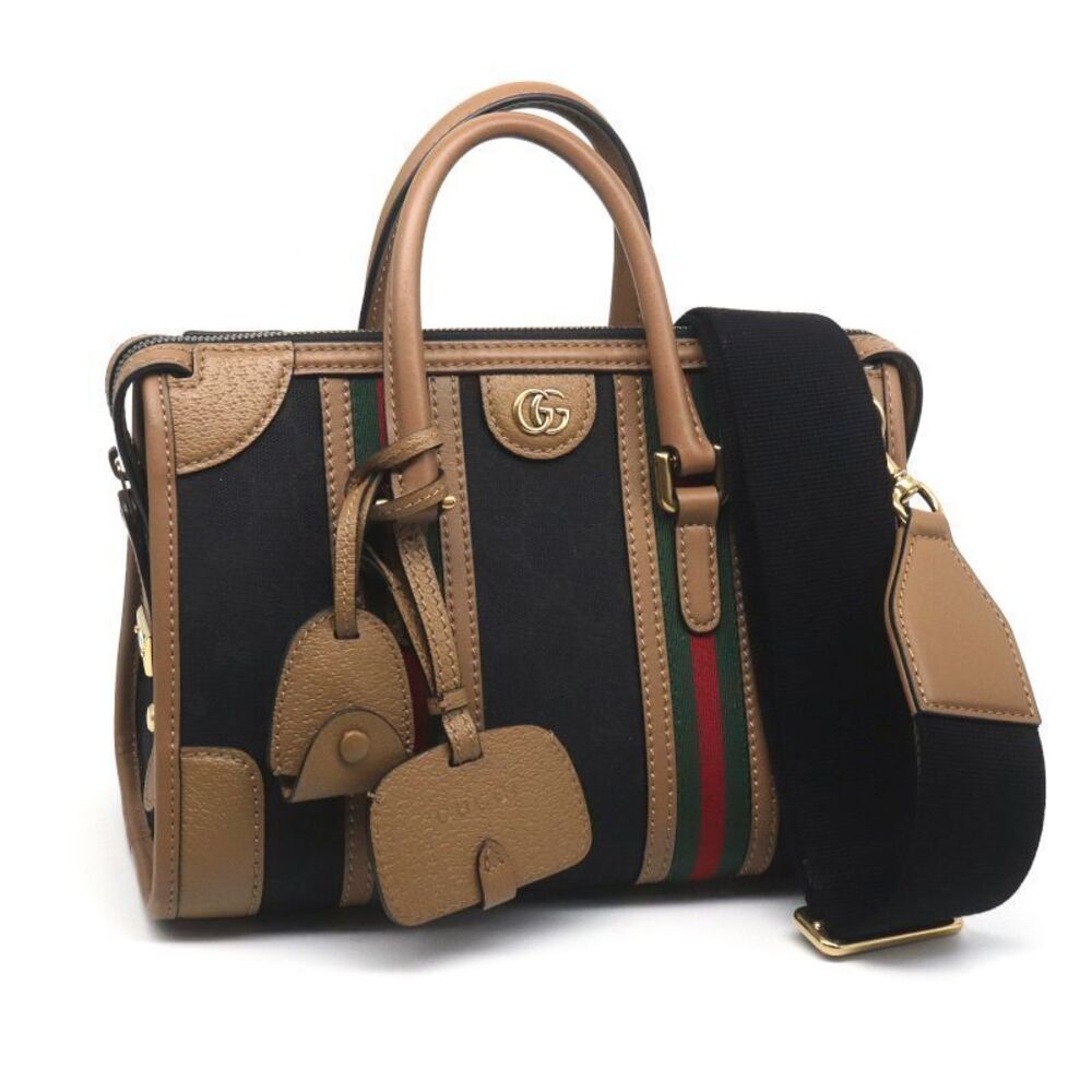 Gucci Ophidia Web Stripe GG Supreme 2Way Boston Bag Black Brown